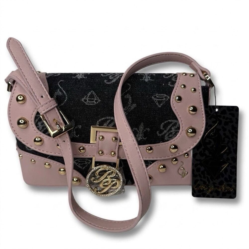 Baby Phat Black Pink Denim Shoulder Bag Studded Bling Y2K Rhinestone NWT